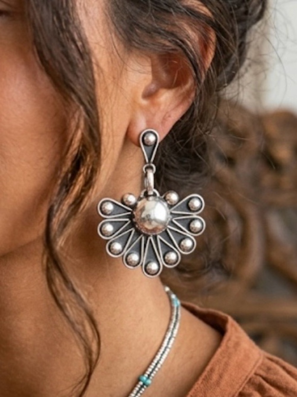 Vintage Taxco Sterling Silver Modernist Fan Dangle Post Back Earrings 25g